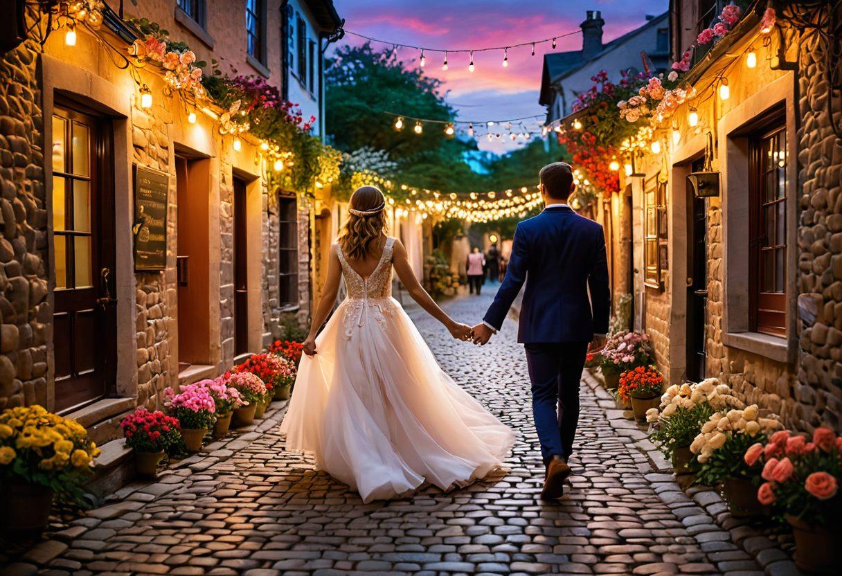 A romantic scene featuring a couple walking hand in hand on a picturesque cobblestone street, surrounded by blooming flowers and twinkling fairy lights. The focal point is their stylishly coordinated footwear, showcasing elegant shoes that symbolize love and connection. The soft, warm glow of sunset enhances the mood of romance. whimsical, vibrant colors, soft focus, impressionist style.