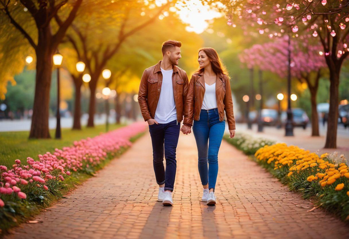 A stylish couple walking hand in hand, showcasing a pair of trendy, vibrant sneakers, surrounded by twinkling heart-shaped lights in a romantic park setting. The background features soft bokeh effects with colorful flowers, and a sunset casting warm hues. The focus is on their fashionable footwear, capturing the essence of love and style. super-realistic. vibrant colors. soft focus.