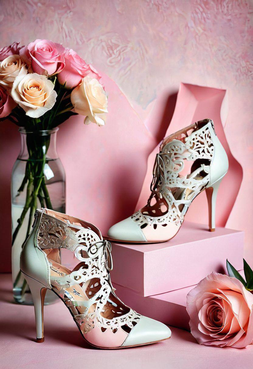 A stylish display of various trendy romance-inspired shoes set against a soft pastel backdrop, featuring delicate floral patterns and heart motifs. Include a pair of elegant heels, chic ankle boots, and casual flats, each adorned with unique romantic details. Subtle hints of lace and silk draped artistically around the shoes to evoke a sense of love and elegance. soft focus. vibrant colors. high fashion photography.